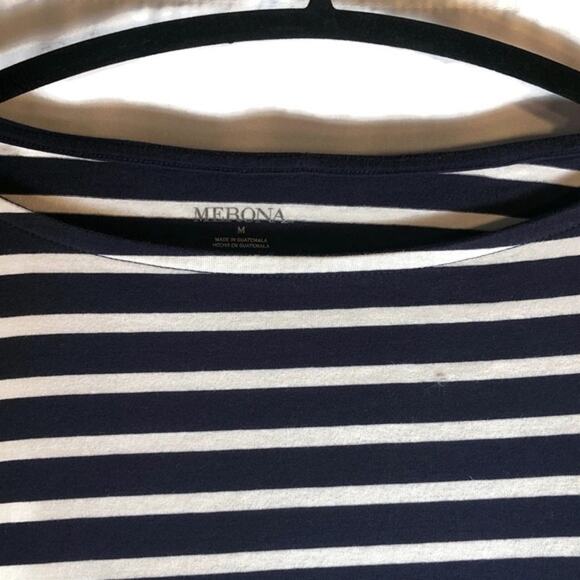 102. Merona Striped Boatneck Top Size Medium Blue White Nautical Preppy - Picture 11 of 13